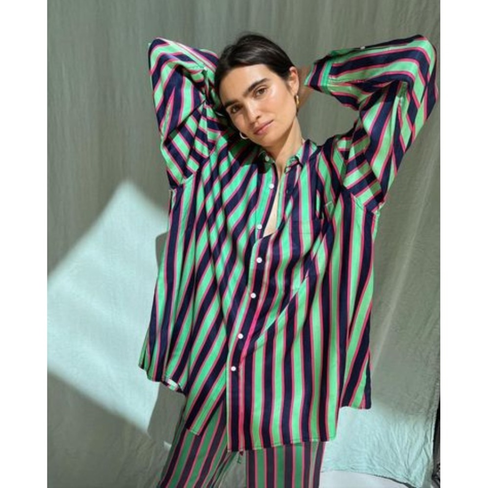 Blanca Dillon Striped Button Up Shirt Oversized Long Sleeve Green Pink Size XS/S